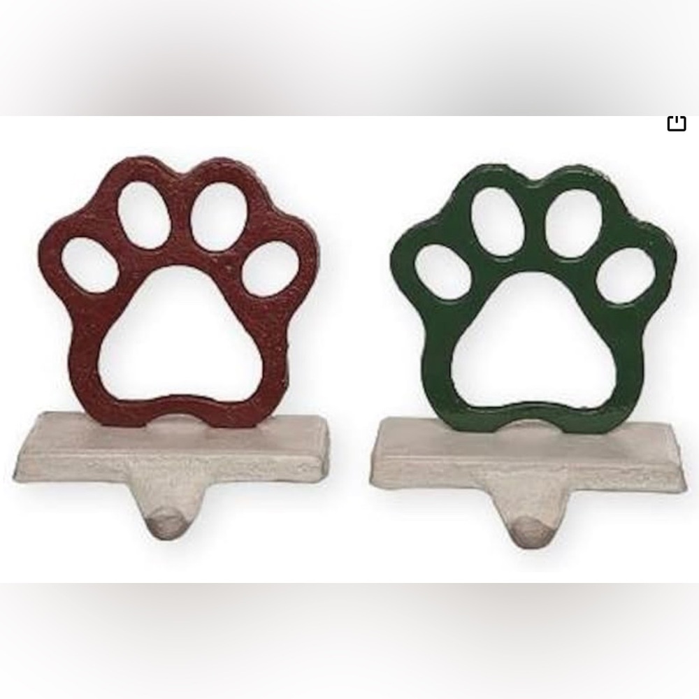 The Bridge Collection 3" Red & Green Cast Iron Paw Print Stocking Hooks